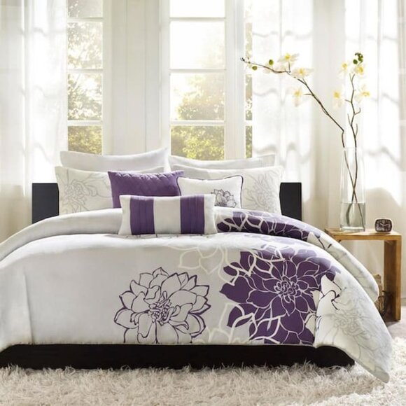 Madison Park Brianna 6 Piece Duvet Cover Set King/Cal King Purple &‎ Grey Floral - Picture 1 of 7